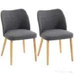 HOMCOM Set de 2 Scaune de Masă Tapițate cu Picioare din Lemn de Hevea, Țesătură, Gri Deschis