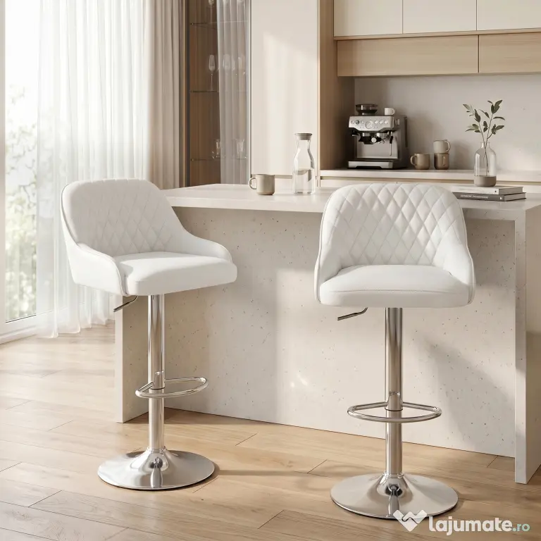 HOMCOM Set 2 Scaune de Bar Rotative și Reglabile pentru Bucătărie, Metal, Alb | Aosom Romania