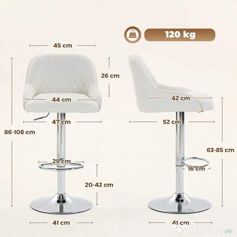 HOMCOM Set 2 Scaune de Bar Rotative și Reglabile pentru Bucătărie, Metal, Alb | Aosom Romania