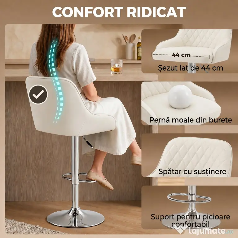 HOMCOM Set 2 Scaune de Bar Rotative și Reglabile pentru Bucătărie, Metal, Alb | Aosom Romania