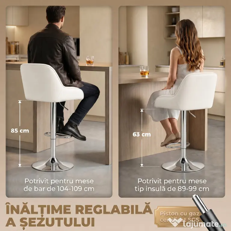 HOMCOM Set 2 Scaune de Bar Rotative și Reglabile pentru Bucătărie, Metal, Alb | Aosom Romania