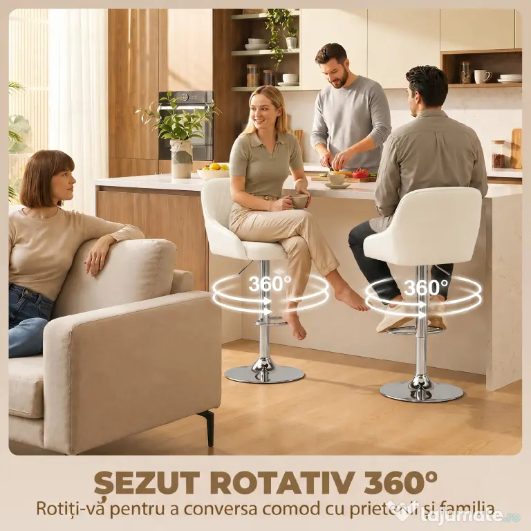 HOMCOM Set 2 Scaune de Bar Rotative și Reglabile pentru Bucătărie, Metal, Alb | Aosom Romania