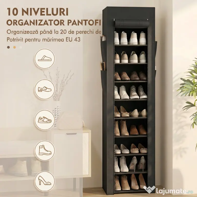 HOMCOM Pantofar 10 Etajere, Cover Antipraf, 20 Perechi, 45 x 30 x 175 cm, Negru | Aosom Romania