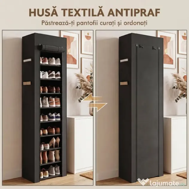 HOMCOM Pantofar 10 Etajere, Cover Antipraf, 20 Perechi, 45 x 30 x 175 cm, Negru | Aosom Romania