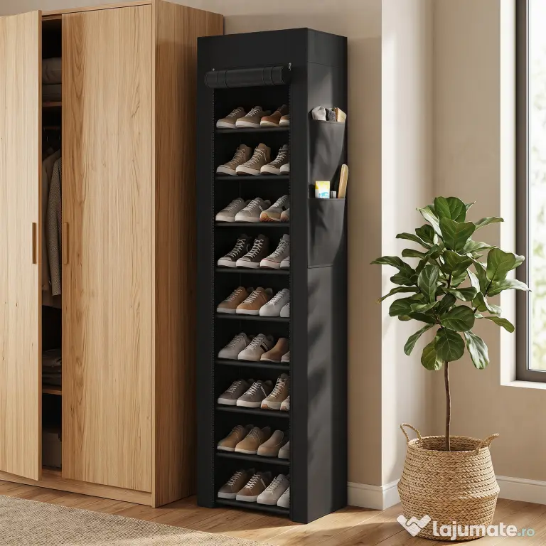 HOMCOM Pantofar 10 Etajere, Cover Antipraf, 20 Perechi, 45 x 30 x 175 cm, Negru | Aosom Romania