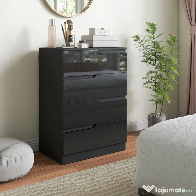 HOMCOM Comodă 4 Sertare, Modernă și Minimalistă, din PAL,60x40x85cm, Negru Lucios | Aosom Romania