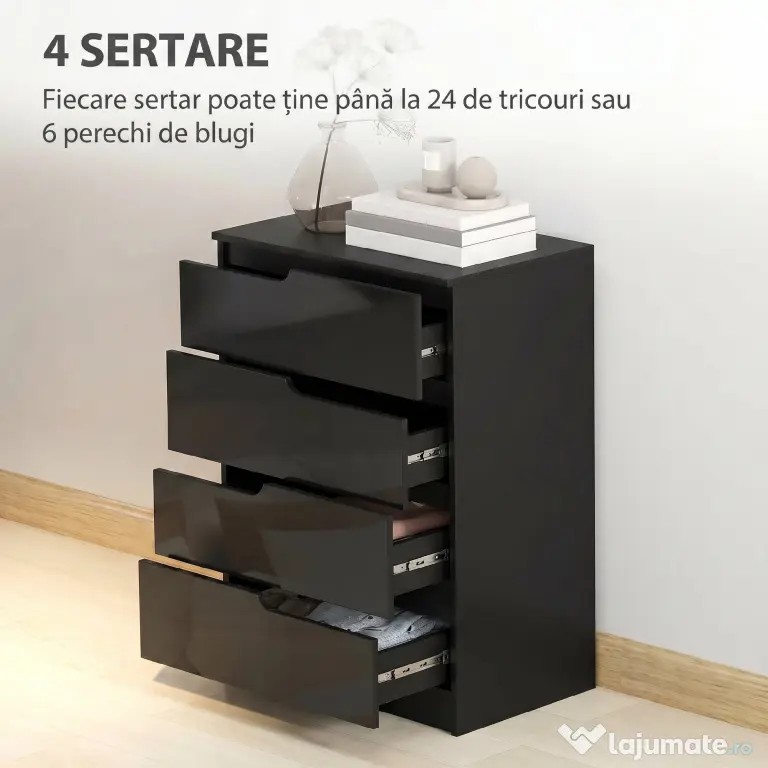 HOMCOM Comodă 4 Sertare, Modernă și Minimalistă, din PAL,60x40x85cm, Negru Lucios | Aosom Romania