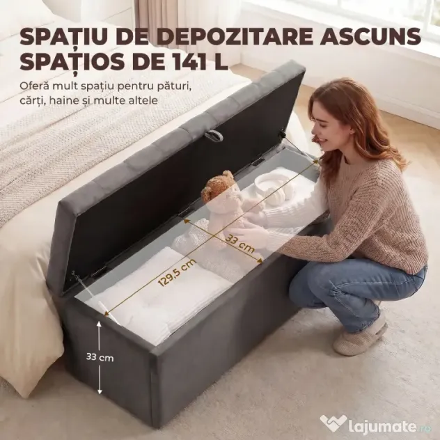 HOMCOM Pouf pentru ședere, suport pentru picioare, scaun, bancă mică, dulap pentru depozitare, gri | Aosom Romania