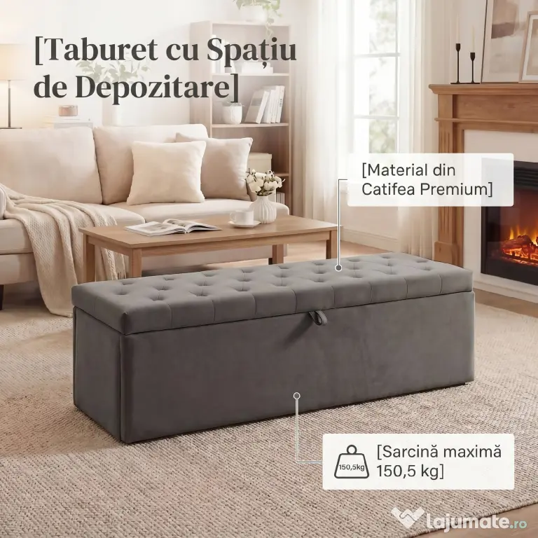HOMCOM Pouf pentru ședere, suport pentru picioare, scaun, bancă mică, dulap pentru depozitare, gri | Aosom Romania