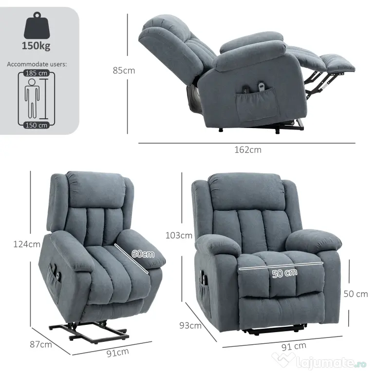 HOMCOM Fotoliu Electric cu Ridicare și Reclinare 135° din Țesătură cu Aspect de In, Suport Picioare, Gri | Aosom Romania