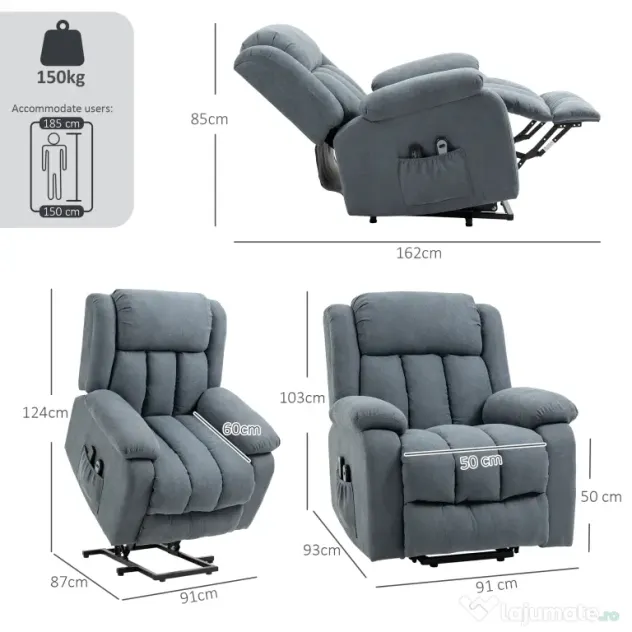HOMCOM Fotoliu Electric cu Ridicare și Reclinare 135° din Țesătură cu Aspect de In, Suport Picioare, Gri | Aosom Romania