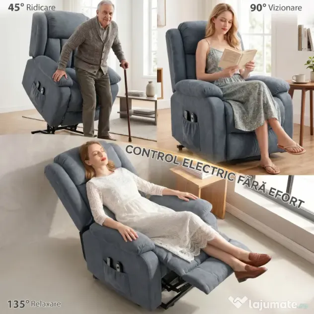 HOMCOM Fotoliu Electric cu Ridicare și Reclinare 135° din Țesătură cu Aspect de In, Suport Picioare, Gri | Aosom Romania