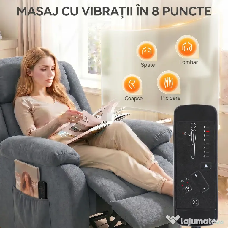 HOMCOM Fotoliu Electric cu Ridicare și Reclinare 135° din Țesătură cu Aspect de In, Suport Picioare, Gri | Aosom Romania