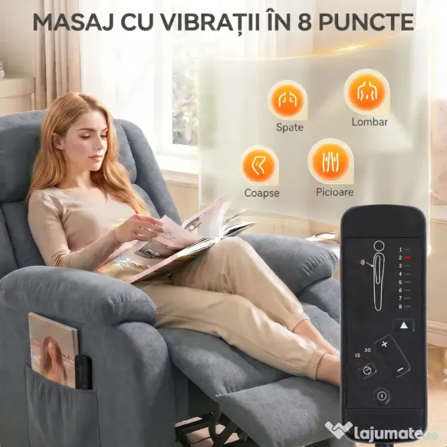 HOMCOM Fotoliu Electric cu Ridicare și Reclinare 135° din Țesătură cu Aspect de In, Suport Picioare, Gri | Aosom Romania