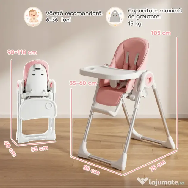 AIYAPLAY Scaun de Masă Pliabil pentru Copii 6-36 Luni cu Înălțime Reglabilă, Dublă Tăviță Lavabilă, Roți, Roz | Aosom Romania