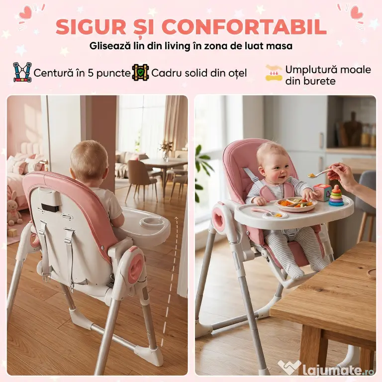AIYAPLAY Scaun de Masă Pliabil pentru Copii 6-36 Luni cu Înălțime Reglabilă, Dublă Tăviță Lavabilă, Roți, Roz | Aosom Romania