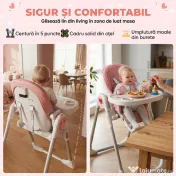 AIYAPLAY Scaun de Masă Pliabil pentru Copii 6-36 Luni cu Înălțime Reglabilă, Dublă Tăviță Lavabilă, Roți, Roz | Aosom Romania