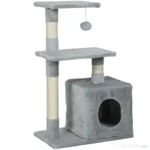 PawHut Tiragraffi per Gatti con Casetta, 2 Piattaforme e Pallina, in Legno, Sisal e Peluche, 50x30x81.5 cm, Grigio