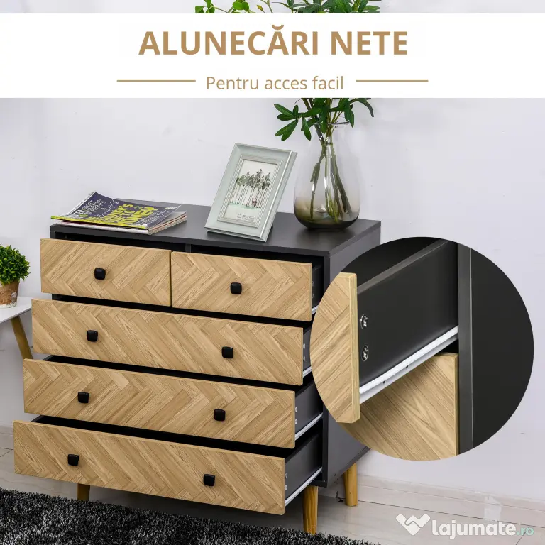 HOMCOM Noptiera din Lemn cu 5 Sertare, Picioare Ridicate din Pin, Gri Inchis