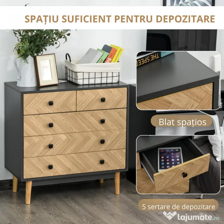 HOMCOM Noptiera din Lemn cu 5 Sertare, Picioare Ridicate din Pin, Gri Inchis