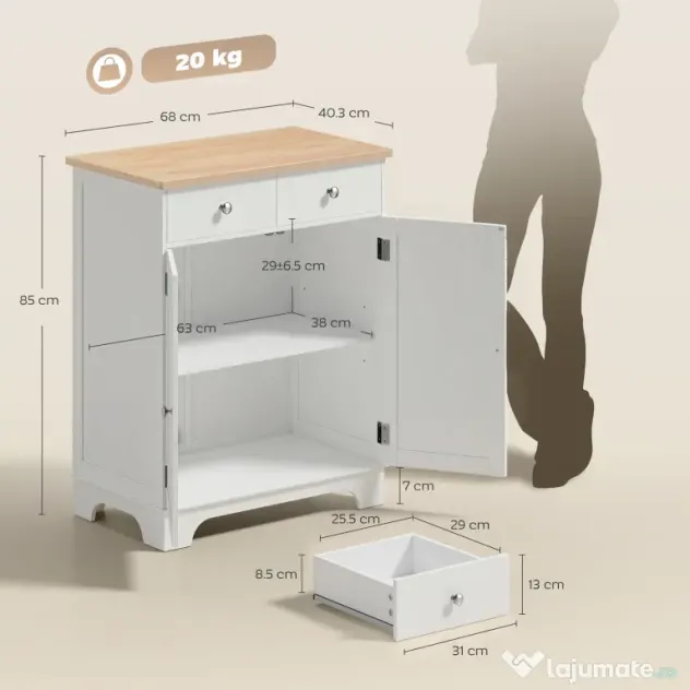 HOMCOM Bufet de Bucătărie cu Dulap 2 Uși și 2 Sertare, Alb și Lemn