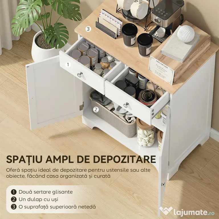 HOMCOM Bufet de Bucătărie cu Dulap 2 Uși și 2 Sertare, Alb și Lemn
