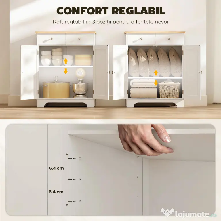 HOMCOM Bufet de Bucătărie cu Dulap 2 Uși și 2 Sertare, Alb și Lemn