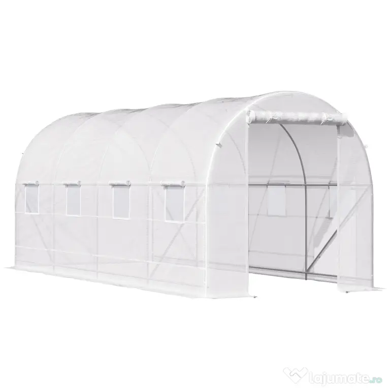 Outsunny Sera tunel cu 8 ferestre si usa rulanta, sera de gradina tunel pentru plante, 5x2x2m, alb