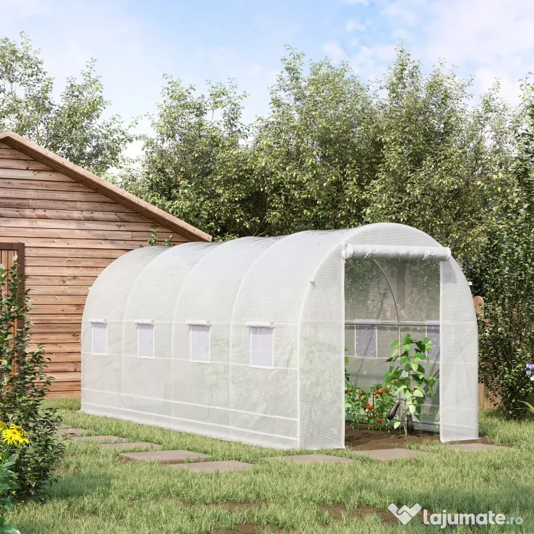 Outsunny Sera tunel cu 8 ferestre si usa rulanta, sera de gradina tunel pentru plante, 5x2x2m, alb