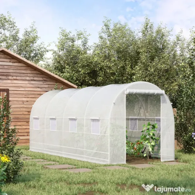 Outsunny Sera tunel cu 8 ferestre si usa rulanta, sera de gradina tunel pentru plante, 5x2x2m, alb