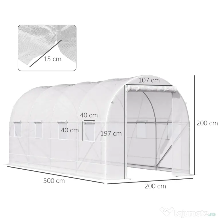 Outsunny Sera tunel cu 8 ferestre si usa rulanta, sera de gradina tunel pentru plante, 5x2x2m, alb