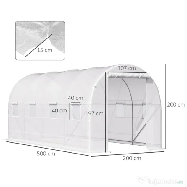 Outsunny Sera tunel cu 8 ferestre si usa rulanta, sera de gradina tunel pentru plante, 5x2x2m, alb