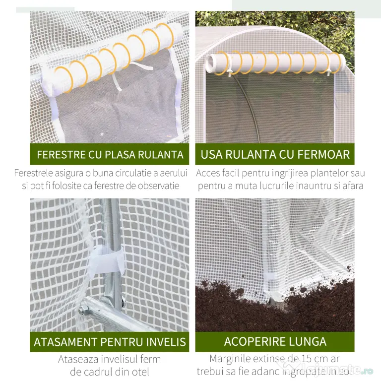 Outsunny Sera tunel cu 8 ferestre si usa rulanta, sera de gradina tunel pentru plante, 5x2x2m, alb