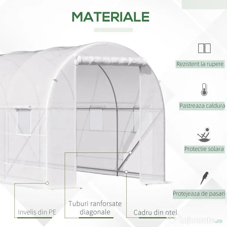 Outsunny Sera tunel cu 8 ferestre si usa rulanta, sera de gradina tunel pentru plante, 5x2x2m, alb