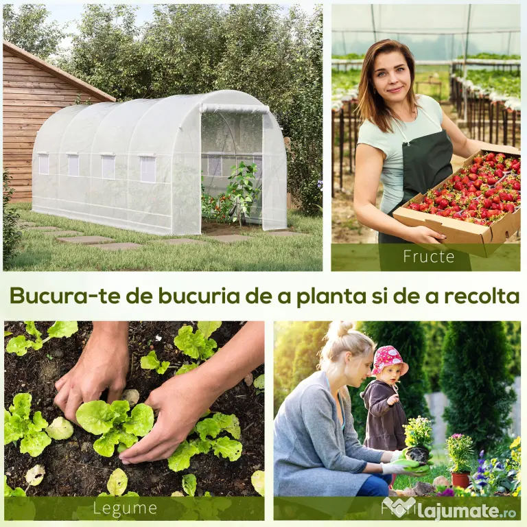 Outsunny Sera tunel cu 8 ferestre si usa rulanta, sera de gradina tunel pentru plante, 5x2x2m, alb
