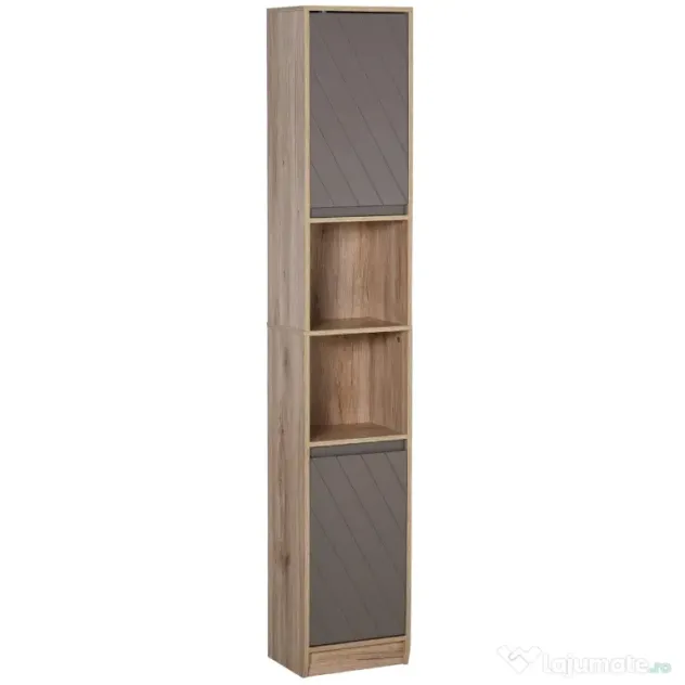 Homcom Dulap Baie Space Saver – Gri & Stejar, Cu 6 Rafturi & Dulapioare