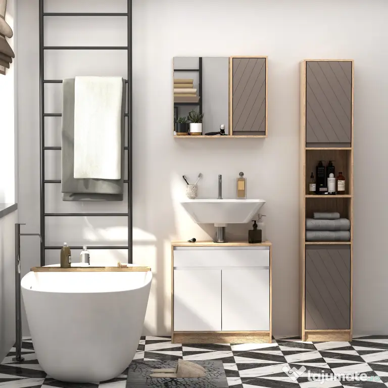 Homcom Dulap Baie Space Saver – Gri & Stejar, Cu 6 Rafturi & Dulapioare