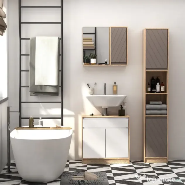 Homcom Dulap Baie Space Saver – Gri & Stejar, Cu 6 Rafturi & Dulapioare