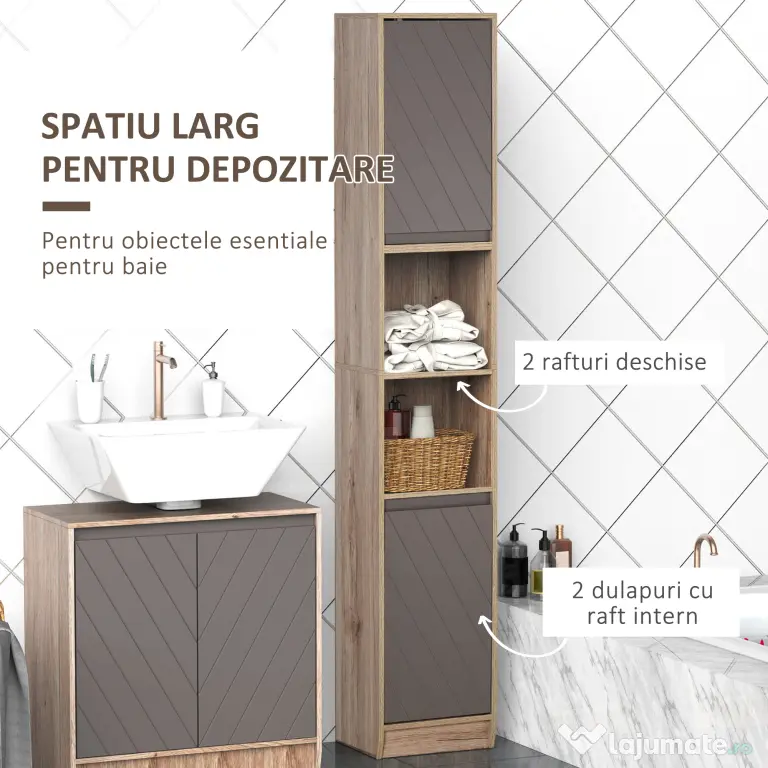 Homcom Dulap Baie Space Saver – Gri & Stejar, Cu 6 Rafturi & Dulapioare