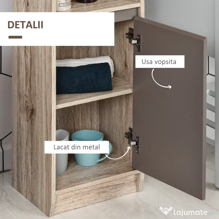 Homcom Dulap Baie Space Saver – Gri & Stejar, Cu 6 Rafturi & Dulapioare