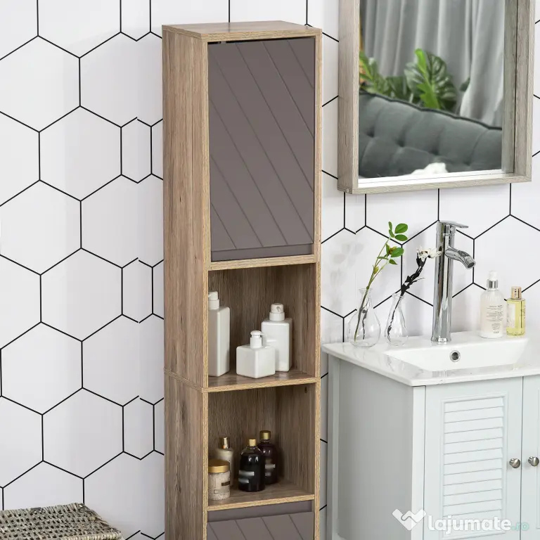 Homcom Dulap Baie Space Saver – Gri & Stejar, Cu 6 Rafturi & Dulapioare