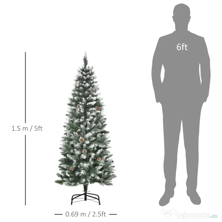 HOMCOM Brad de Crăciun Înzăpezit cu 464 crengi și 28 conuri, Brad Artificial cu Bază Detașabilă, Ø69x150 cm, Verde