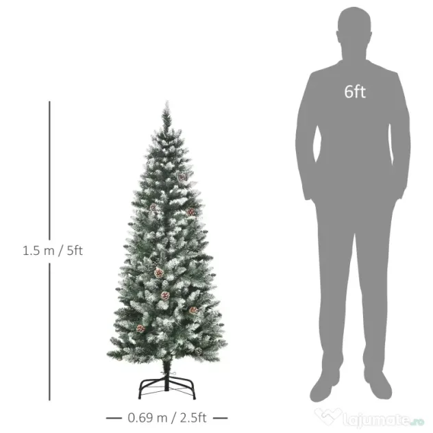 HOMCOM Brad de Crăciun Înzăpezit cu 464 crengi și 28 conuri, Brad Artificial cu Bază Detașabilă, Ø69x150 cm, Verde