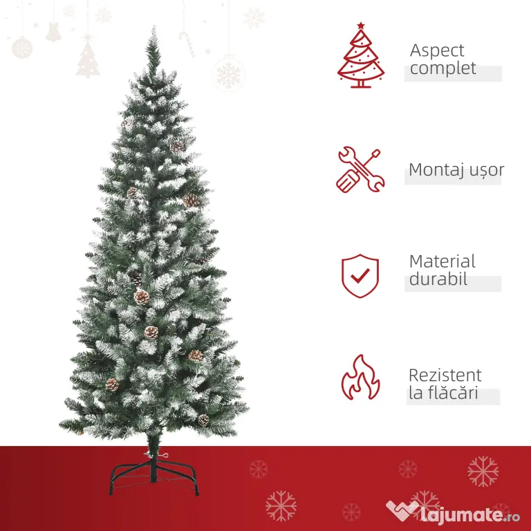 HOMCOM Brad de Crăciun Înzăpezit cu 464 crengi și 28 conuri, Brad Artificial cu Bază Detașabilă, Ø69x150 cm, Verde