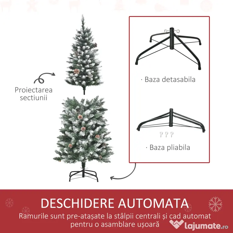HOMCOM Brad de Crăciun Înzăpezit cu 464 crengi și 28 conuri, Brad Artificial cu Bază Detașabilă, Ø69x150 cm, Verde