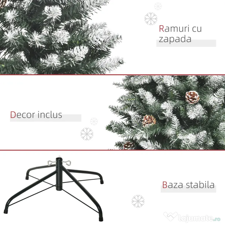 HOMCOM Brad de Crăciun Înzăpezit cu 464 crengi și 28 conuri, Brad Artificial cu Bază Detașabilă, Ø69x150 cm, Verde