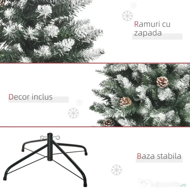 HOMCOM Brad de Crăciun Înzăpezit cu 464 crengi și 28 conuri, Brad Artificial cu Bază Detașabilă, Ø69x150 cm, Verde