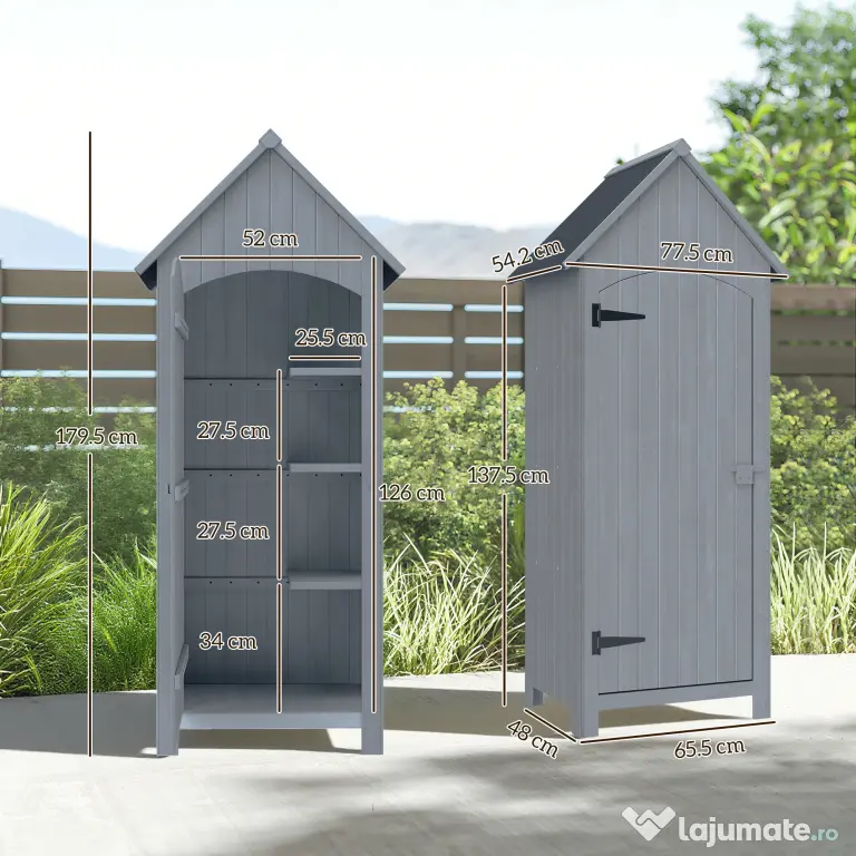Outsunny Căsuță pentru unelte din lemn cu 3 rafturi și acoperiș impermeabil din bitum, 77,5x54,2x179,5 cm, gri