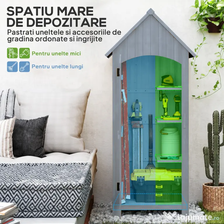 Outsunny Căsuță pentru unelte din lemn cu 3 rafturi și acoperiș impermeabil din bitum, 77,5x54,2x179,5 cm, gri