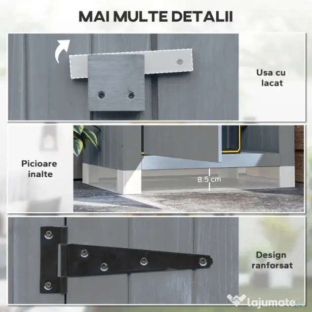 Outsunny Căsuță pentru unelte din lemn cu 3 rafturi și acoperiș impermeabil din bitum, 77,5x54,2x179,5 cm, gri